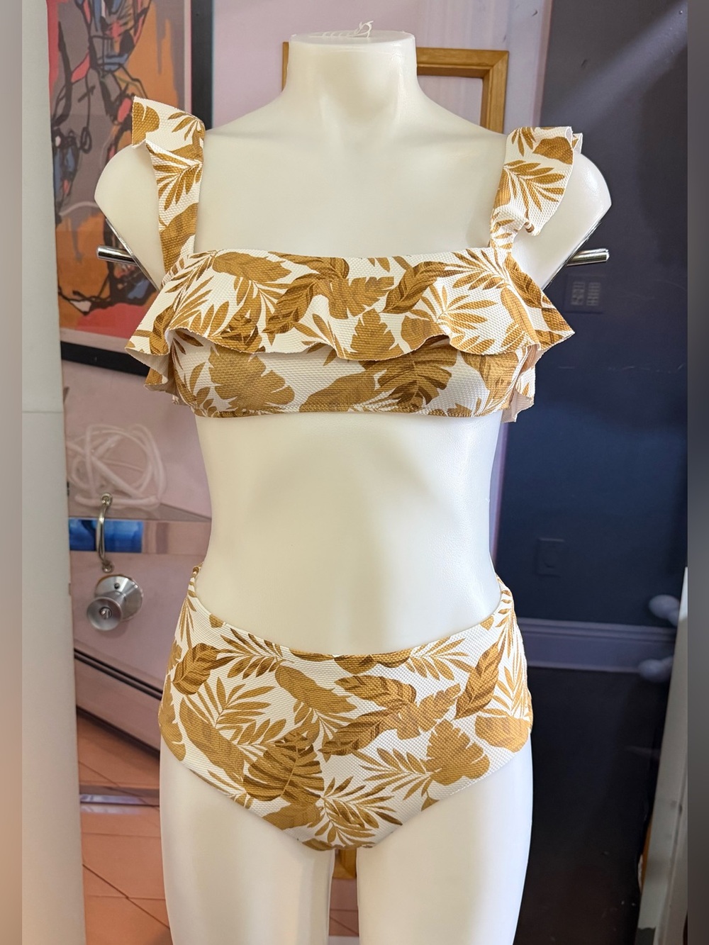 Eberjey White and Mustard Leaf-Print Ruffle Bikini